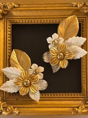 Gold and White Floral Leaf Clip-On Earrings